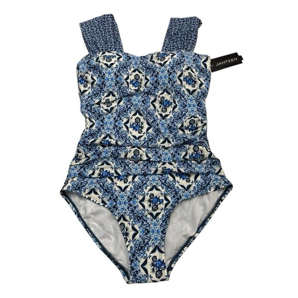 Jantzen Swimsuit Womens 8‎ Mixed Blue Floral One Piece Preppy Beach Vacation - Picture 1 of 5